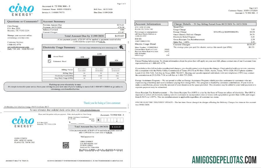 Em branco modelo de conta de serviços públicos de energia EUA Texas Cirro em formato Word e PDF (3 páginas) 1 2